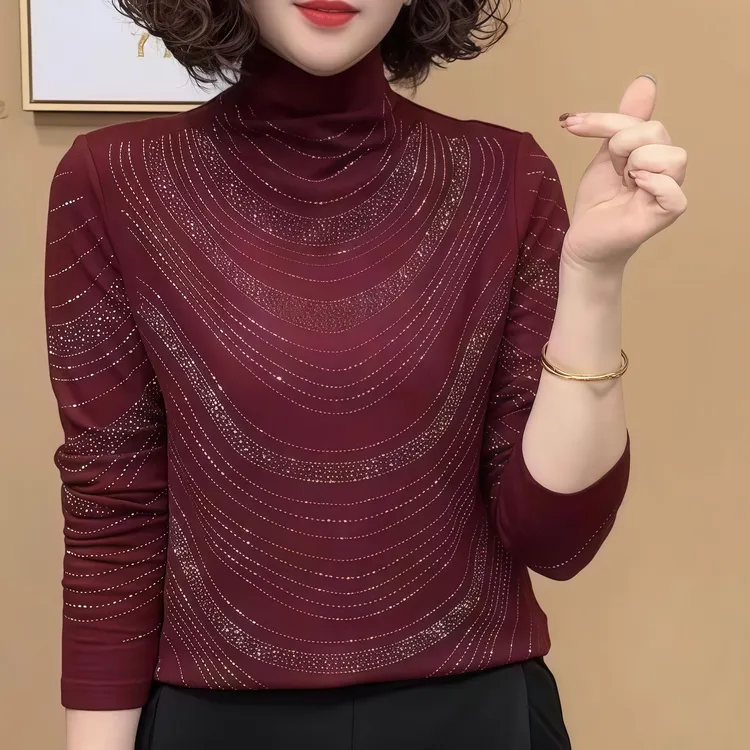 冬季新款烫钻德绒奥绒显瘦洋气时尚百搭长袖女士上衣简约修身小衫