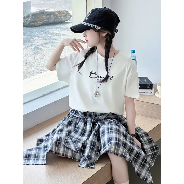 女童套装2025新款洋气儿童韩系休闲字母短袖不规则格子裙两件套潮