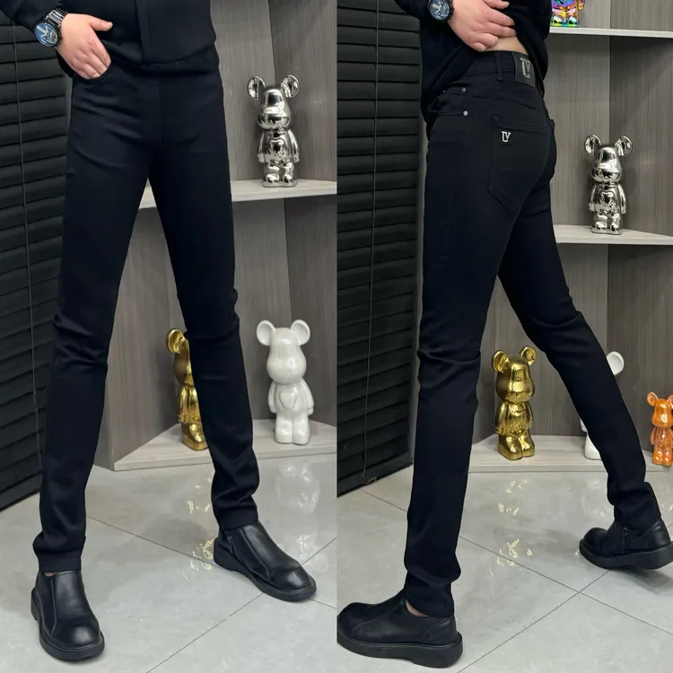 秋冬高弹力修身显瘦高弹男款牛仔裤法式小脚裤腰带加绒保暖时尚