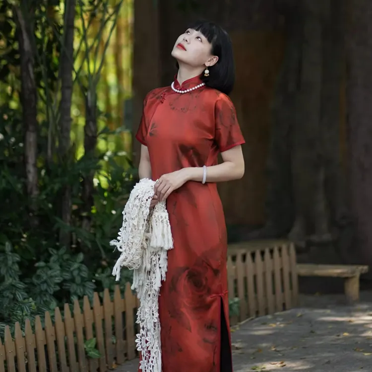 三重门玫瑰旧梦45姆米重缎香云纱古法显瘦修身旗袍高级高品质日常