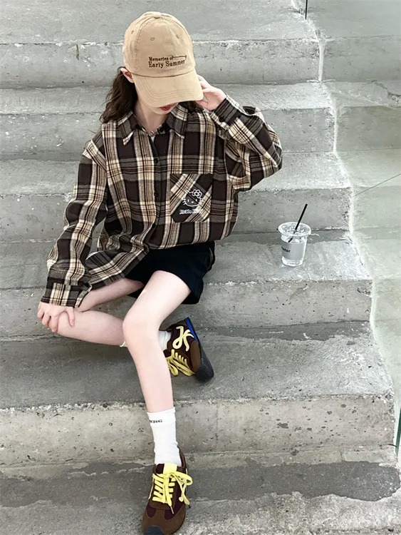 女童衬衫长袖春秋2025新款大童韩版女孩秋季外套宽松休闲格子衬衫