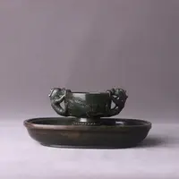 【清】碧玉龙耳带托杯（宽19cm高7.8cm重1212g）