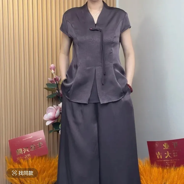 简约妈妈夏季时尚洋气套装阔腿裤短袖宽松国风气质减龄显瘦上衣