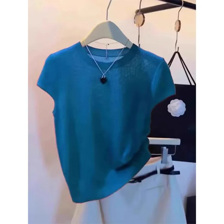 法式蓝色冰丝小飞袖短袖针织t恤女夏季设计感小众修身短款上衣薄