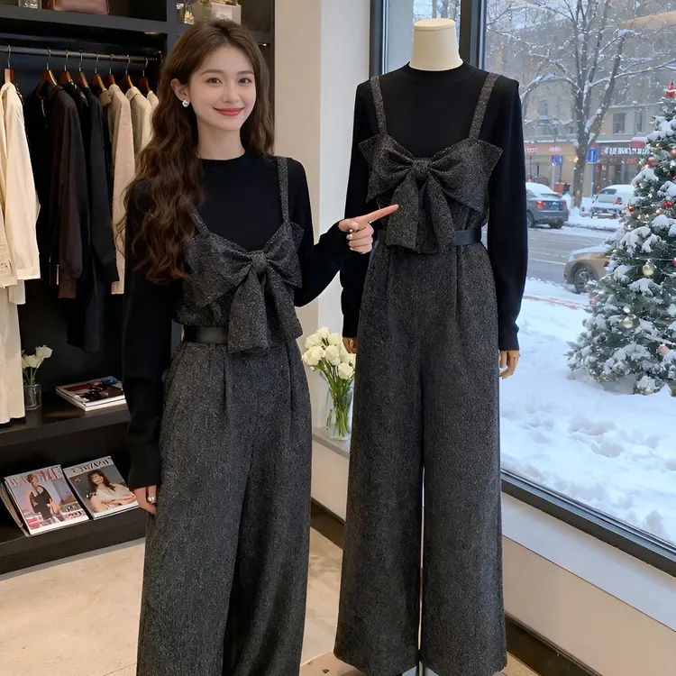 2025秋冬新款百搭简约气质上衣针织搭时尚背带裤减龄蝴蝶结两件套