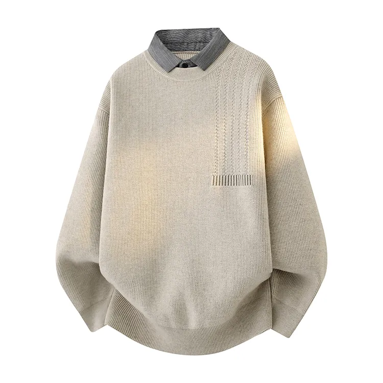 侨迪蒙拉轻奢高端秋冬季假两件男针织衫加厚保暖衬衫领内搭毛衣