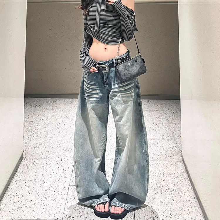 美式复古做旧低腰弯刀牛仔裤女夏季宽松直筒阔腿拖地梧桐镰刀裤子