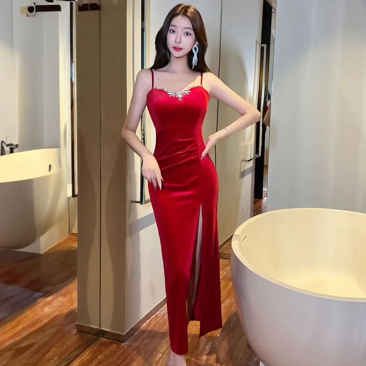 夜场性感金丝绒镶钻吊带连衣裙优雅修身显瘦开叉显身材晚礼服长裙