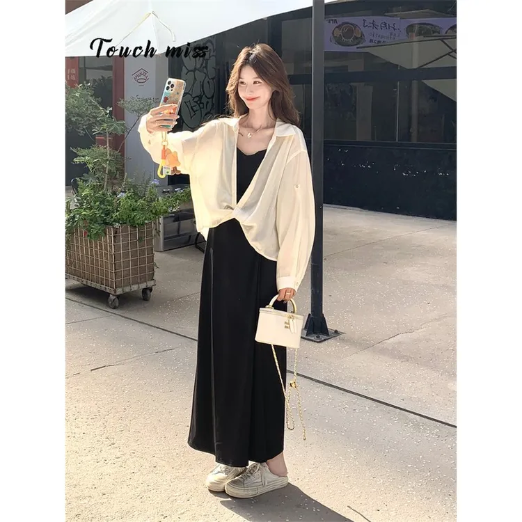 TOUCH MISS防晒衬衫吊带连衣裙套装女春秋松弛感清纯系两件套流行