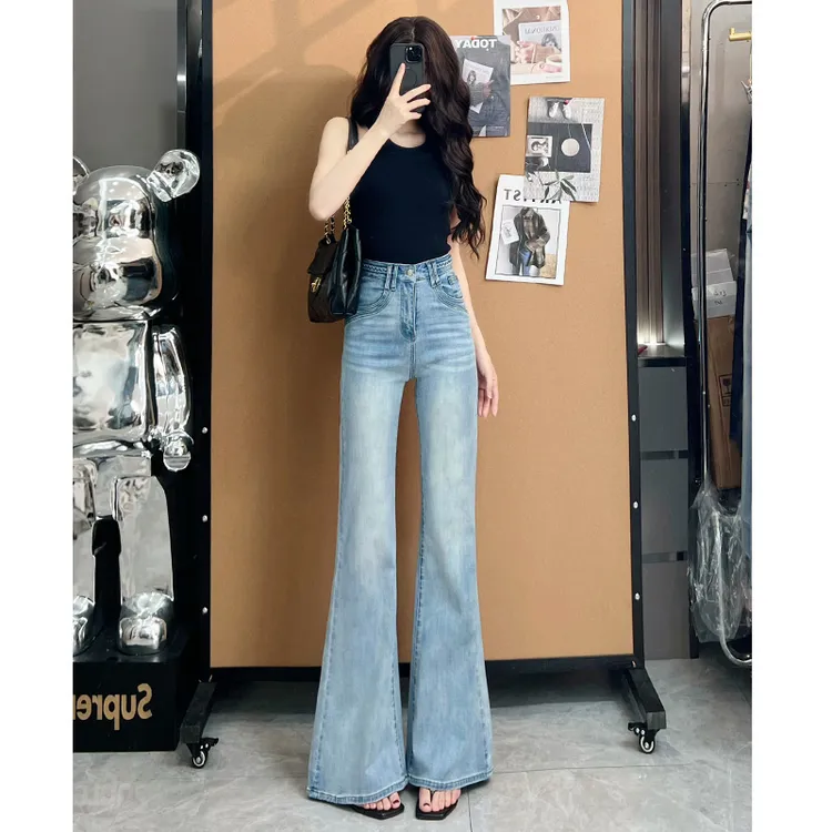 喜绚莱赛尔天丝阔腿喇叭牛仔裤女夏季薄款2025年新款潮流直筒裤子