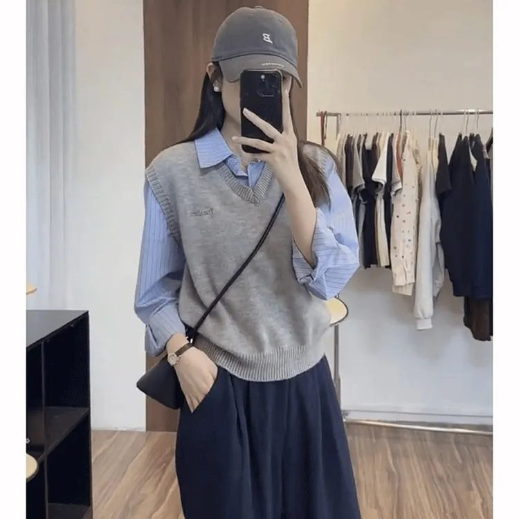 假两件撞色衬衫女2025春季休闲百搭叠穿洋气长袖polo领针织衫上衣