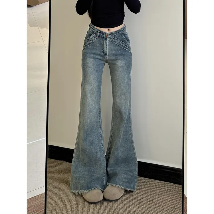 【现货+运费险】高个子加长美式低腰微喇牛仔裤女宽松毛边拖地裤