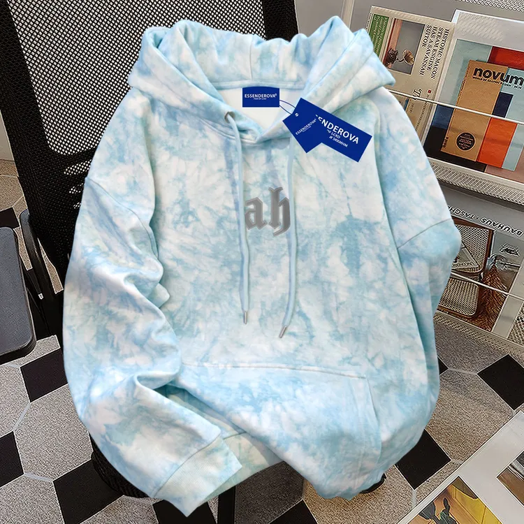 欧美复古简约设计扎染连帽卫衣女秋冬季加绒加厚宽松显瘦情侣上衣