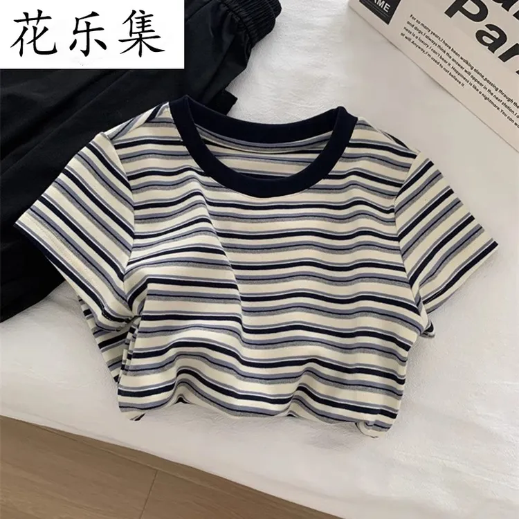 花乐集复古撞色条纹短袖恤女夏季修身韩版小个子短款正肩半袖上衣