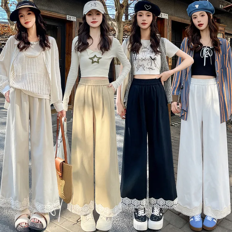 蕾丝拼接洗水棉阔腿裤女2025春季新款高腰宽松九分休闲直筒裤
