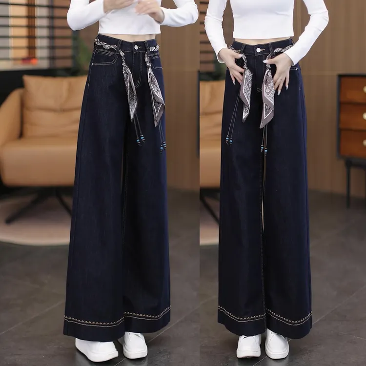 丹宁蓝丝巾腰带阔腿牛仔裤女2025秋冬新款高腰显瘦加绒垂感筒喇裤