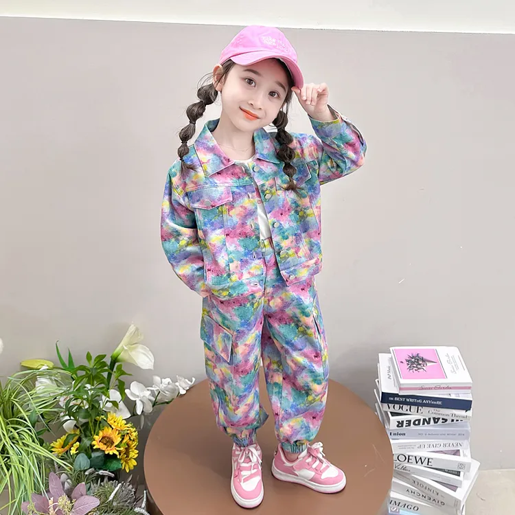女童秋装套装2025新款儿童扎染棉布外套秋季小孩衣服秋款洋气时髦