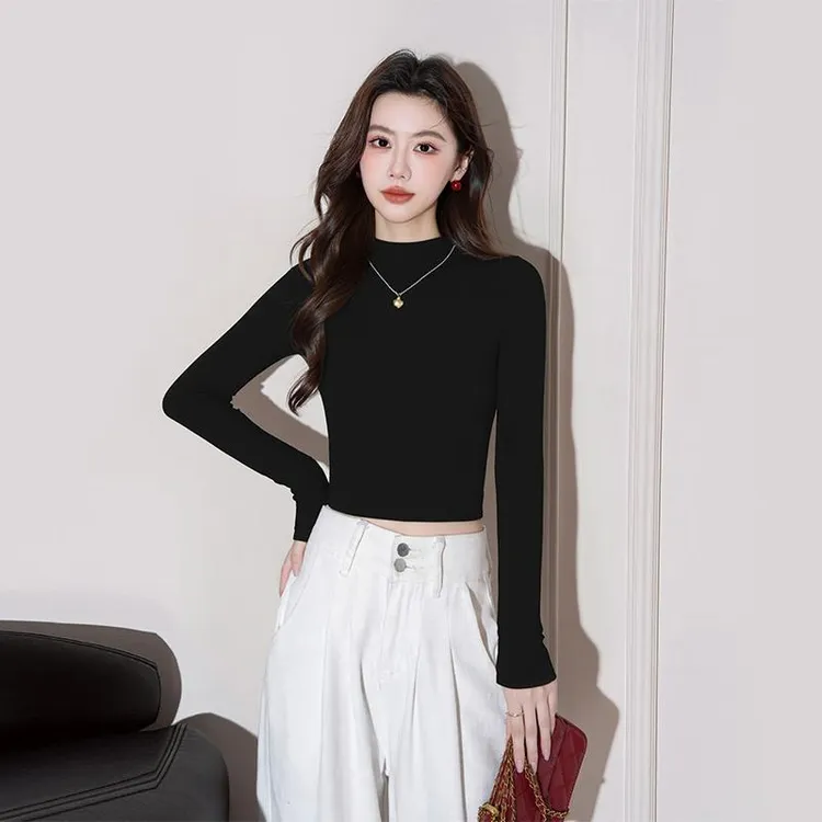 黑色半高领短款打底衫女秋冬内搭2025年新款高腰露脐修身显瘦上衣
