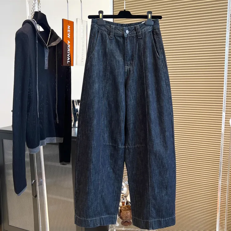 高级做旧复古扎染绗线设计牛仔裤女弯刀裤百搭通勤2025年早秋新款