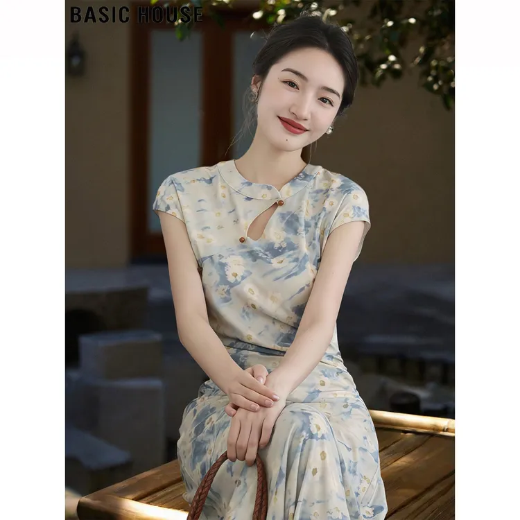 Basic House/百家好复古国风碎花短袖连衣裙女夏季新中式改良旗袍