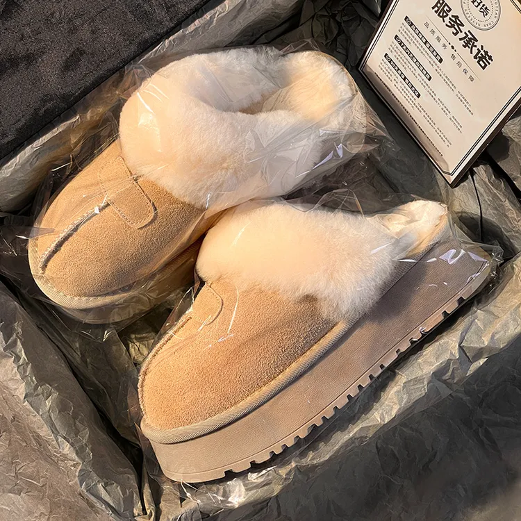 香港正品芯片毛毛厚底棉拖鞋女2025冬季外穿增高包头拖加绒雪地靴