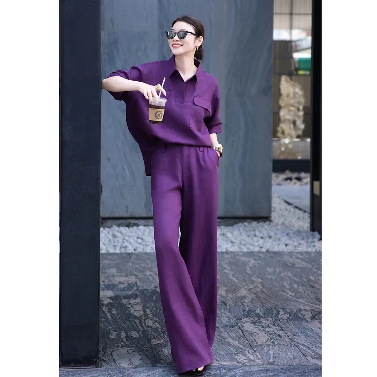 高端老钱风极简时尚100亚麻套装polo领宽松衬衣阔腿裤时尚两件套