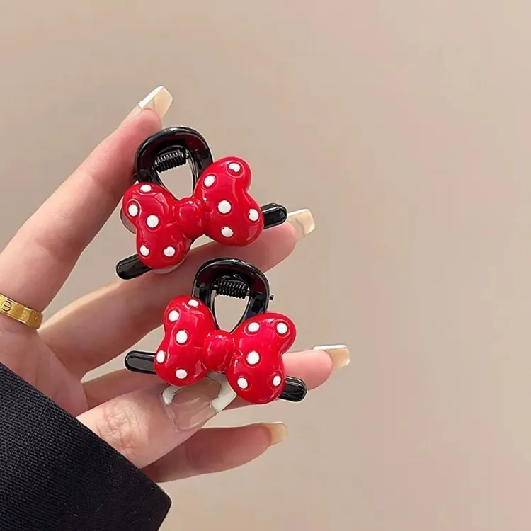 红色波点蝴蝶结抓夹女童刘海夹前额儿童夹子发夹小号宝宝发饰头饰