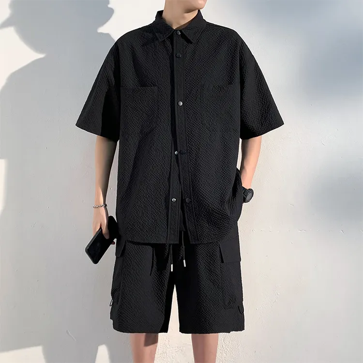 肌理感男士宽松休闲套装夏季日系潮流复古短袖衬衫短裤一整套搭配