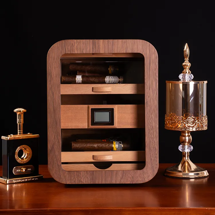 AK领茄轻奢雪松木时尚弧形雪茄保湿盒3层小型雪茄柜100支装