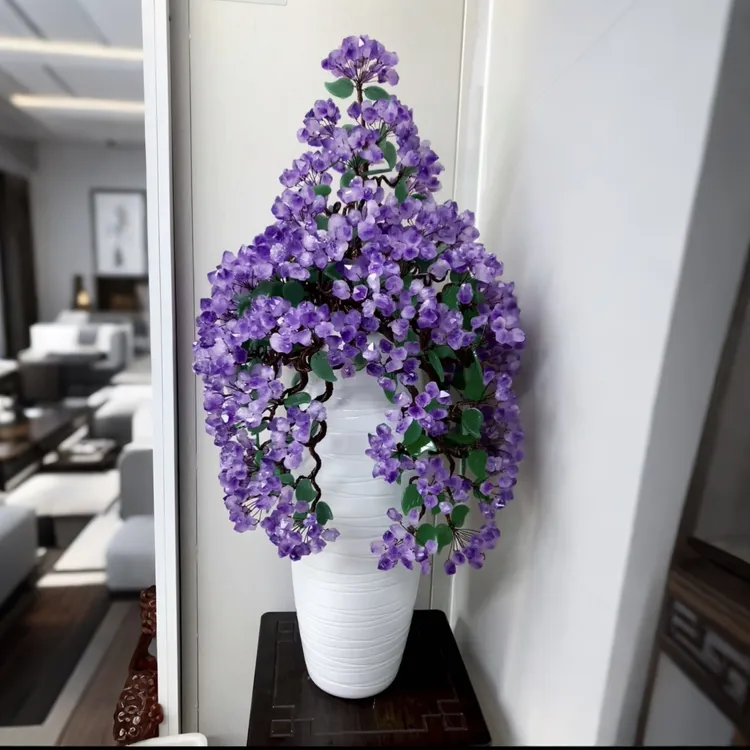 【晶之运原创高品】精美手工点缀金玉满堂紫水晶树迎客松摆件工艺品