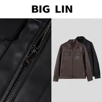BIG林 秋款美式复古口袋PU蛋白皮皮衣复古翻领气质男夹克H2528