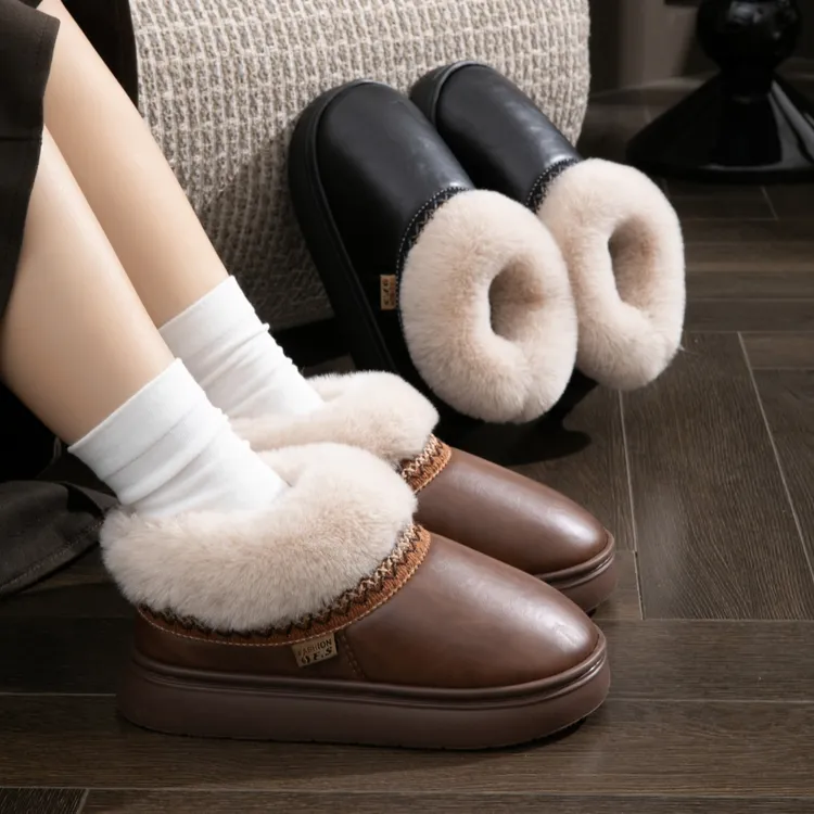 大棉鞋女新款雪地鞋黑色皮棉鞋保暖防水冬季居家鞋加厚休闲毛毛鞋