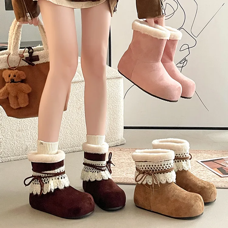 OJRZ花边加绒保暖雪地靴女2025冬新款一脚蹬后绑带毛毛靴勃肯短靴