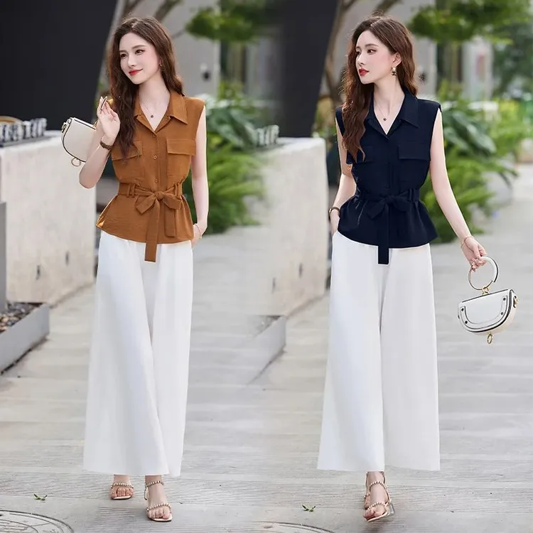 法式翻领无袖衬衫女2025夏季新款设计感显瘦上衣小衫阔腿裤两件套
