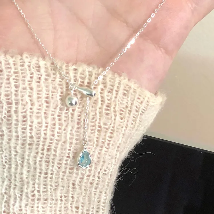 合金项链 蓝色水滴流苏项链百搭女配饰ins轻奢小众气质抽拉式可调