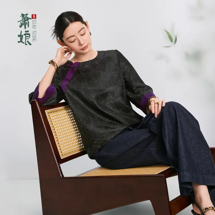 萧娘【莲清幽】桑波缎香云纱上衣新中式桑蚕丝长袖女国风上衣XN1963