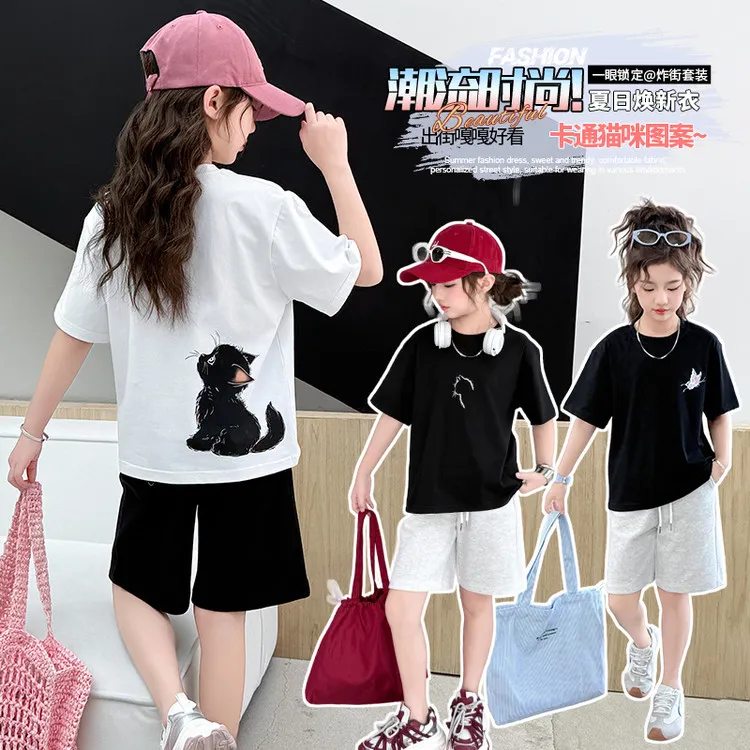 纯色猫咪短袖t恤夏季2025新款爆款中大童上衣宽松休闲短裤两件套7