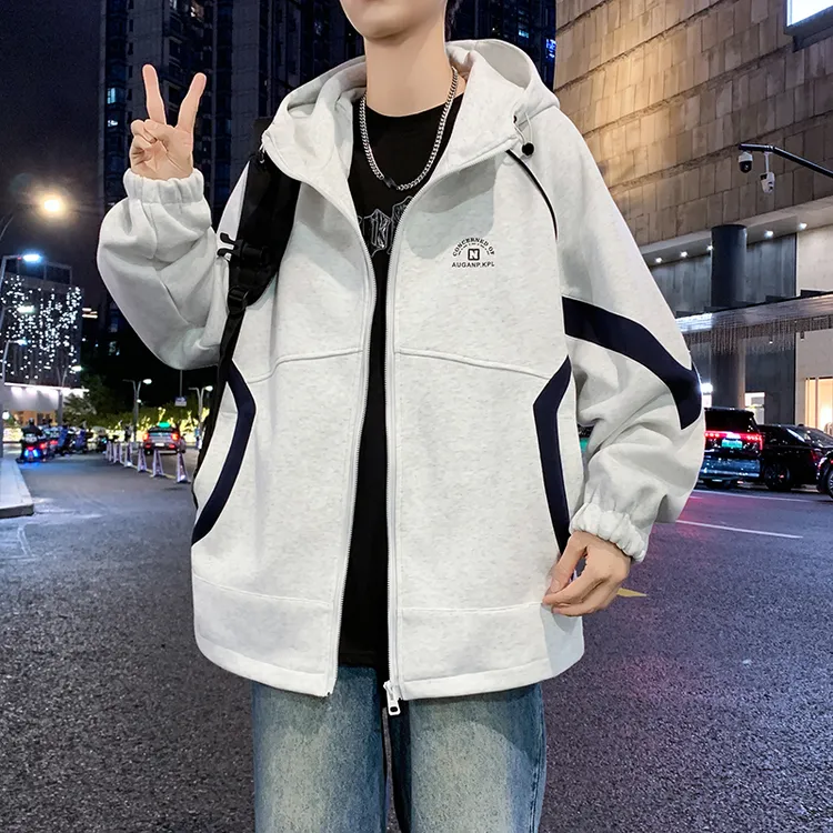 青少年秋季连帽男士夹克潮流学院风百搭宽松学生休闲针织外套上衣