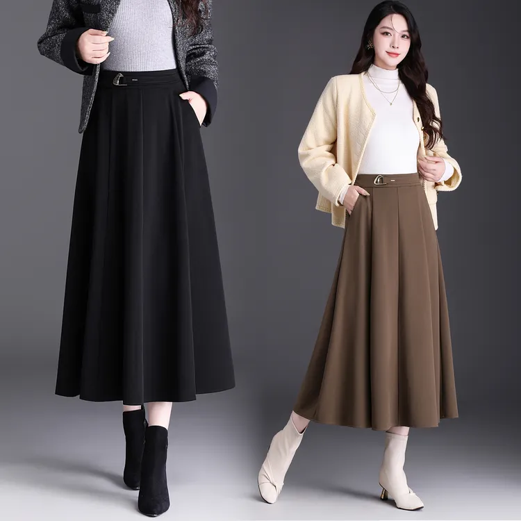 春秋高腰显瘦时尚百搭口袋A字半身长裙2025新款垂感黑色裙子女