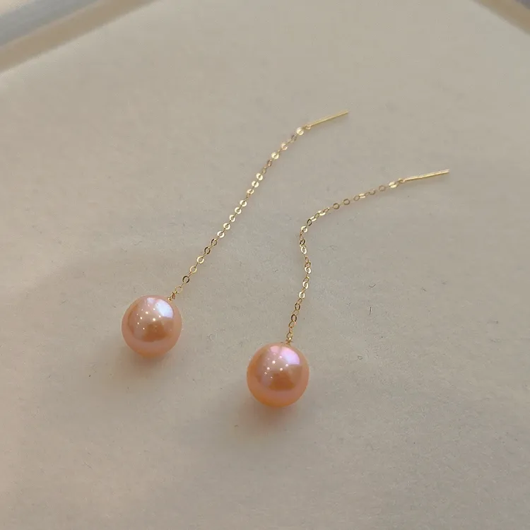 【悦陌珍珠】玫瑰之恋 通体18K金 金橘色极光珍珠长款耳线耳饰7-8mm