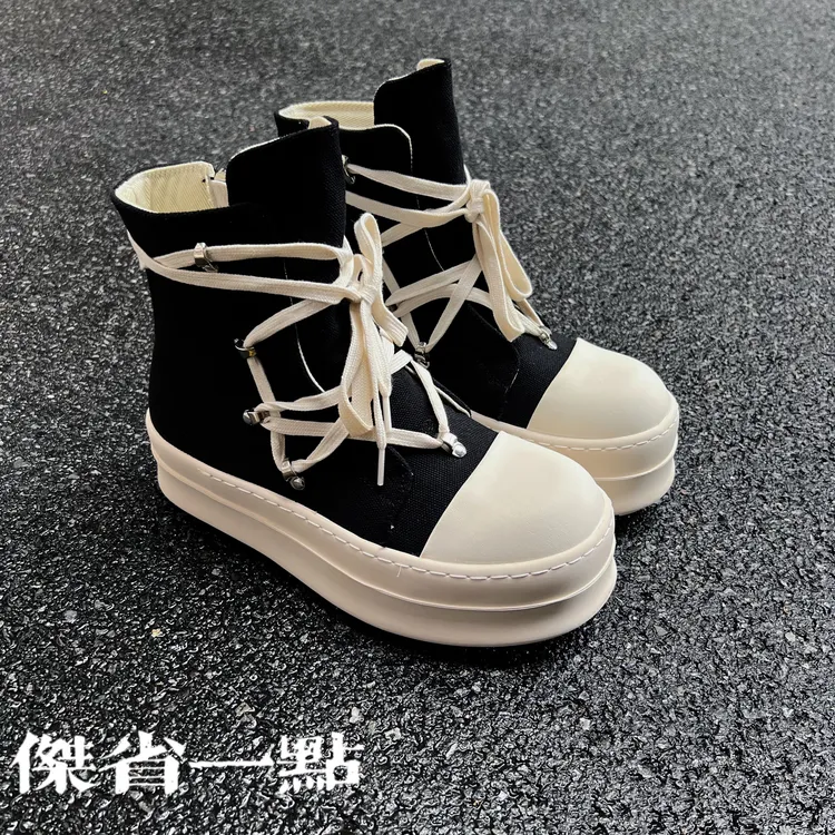 【杰省一点】厚底五芒星短靴高帮帆布透气黑白增高情侣鞋