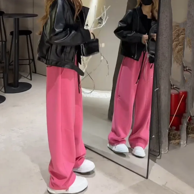 粉色加绒运动裤子女款爆款2025新款韩系慵懒松弛感显瘦休闲裤卫裤