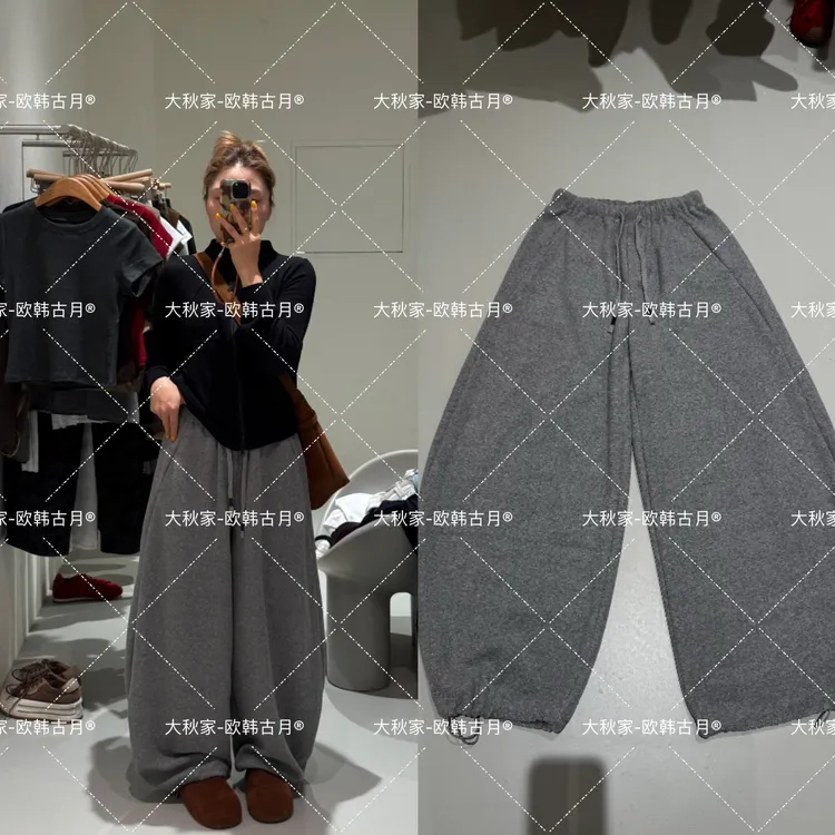 《云感恋人》羊呢阔腿裤女2025新款百搭宽松加厚休闲运动裤弯刀裤子