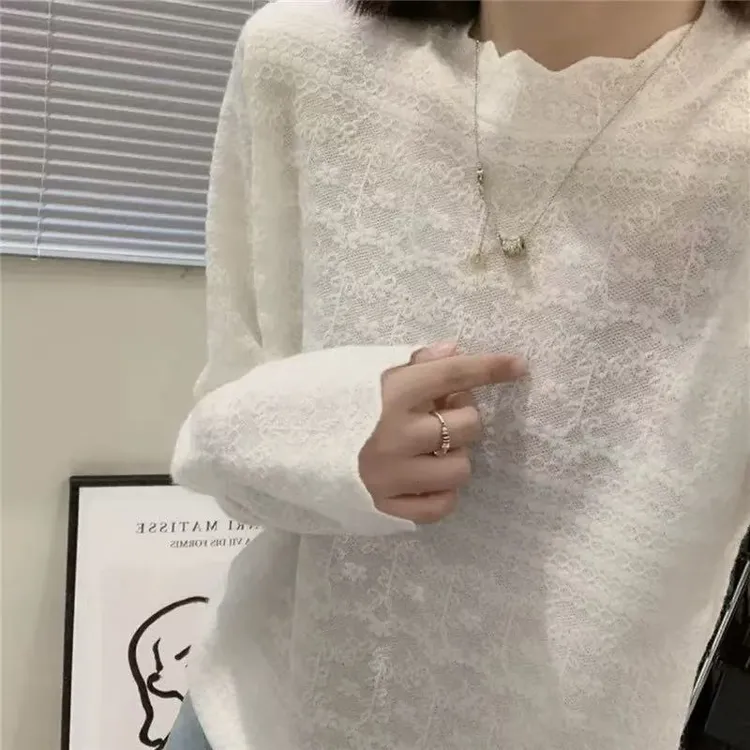 半高领蕾丝长袖打底衫女春季内搭时尚百搭显瘦套头洋气针织衫1043