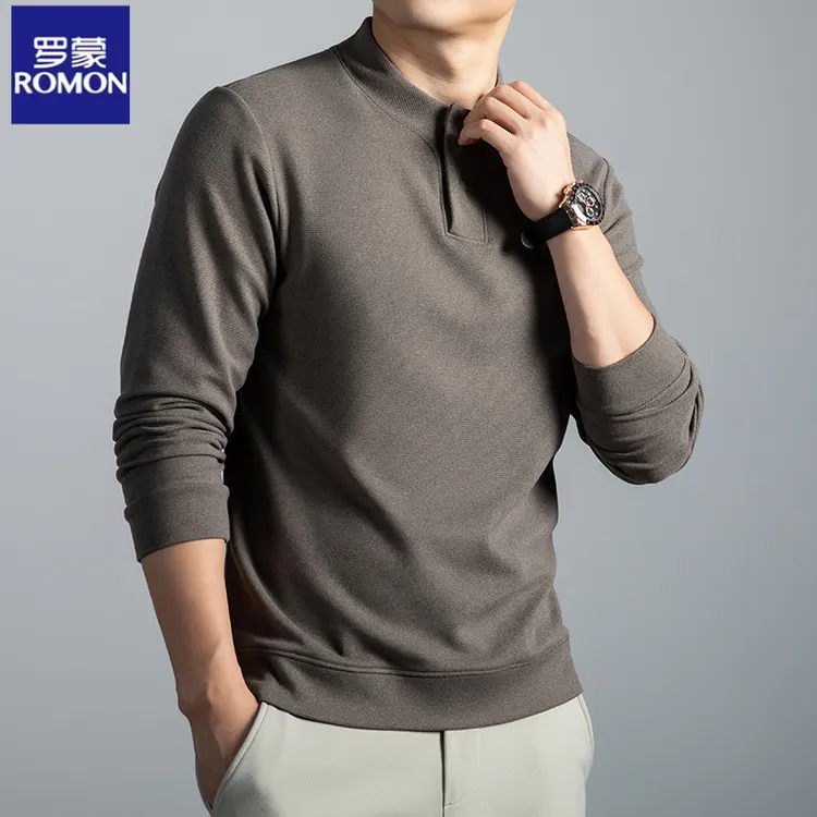 【含羊毛＋桑蚕丝】罗蒙春秋新款男士长袖立领T恤纽扣卫衣纯色休闲
