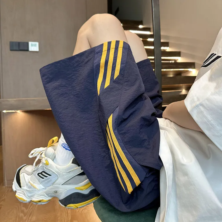 藏青黄条纹速干短裤男夏季复古直筒宽松五分裤美式潮牌篮球运动裤