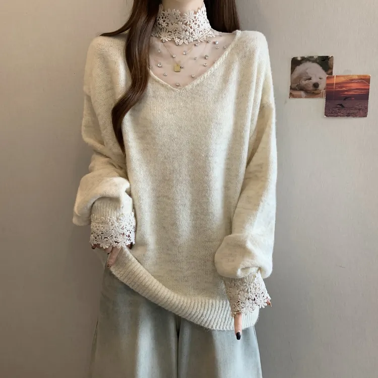 2025新款秋冬毛衣半高领蕾丝打底衫女大码胖mm洋气软糯针织衫上衣