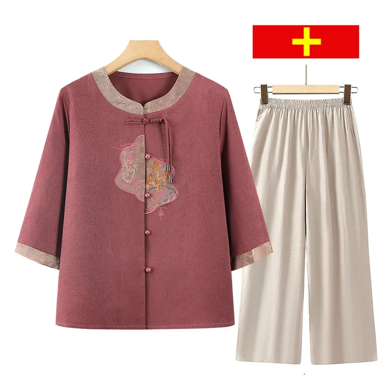 妈妈夏季新款中袖衬衫中老年人唐装上衣女洋气奶奶装圆领衣服套装