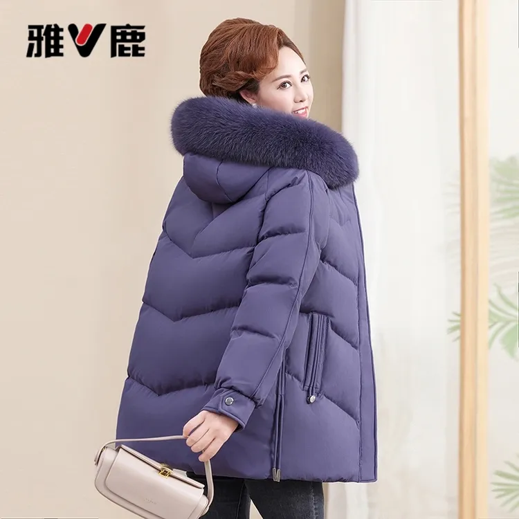 V/雅鹿羽绒服女中老年时尚妈妈装2025新款狐狸毛领中长款冬装外套