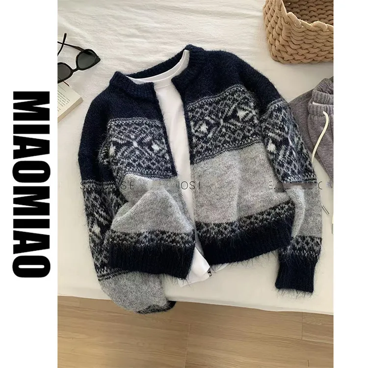 费尔岛雪花针织拉链衫 温柔软糯复古休闲宽松毛衣外套A135